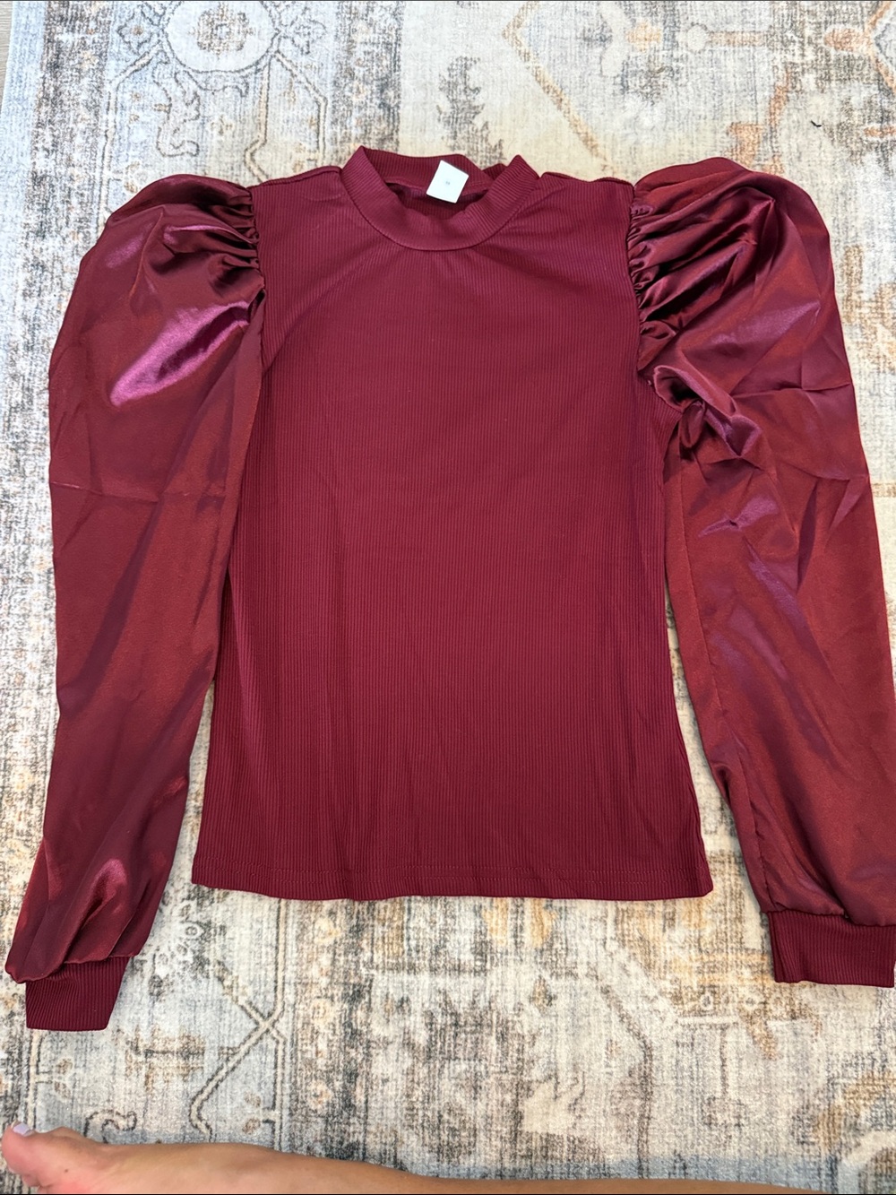 SHEIN Burgundy Puff-Sleeve Mock Neck Long Sleeve Top